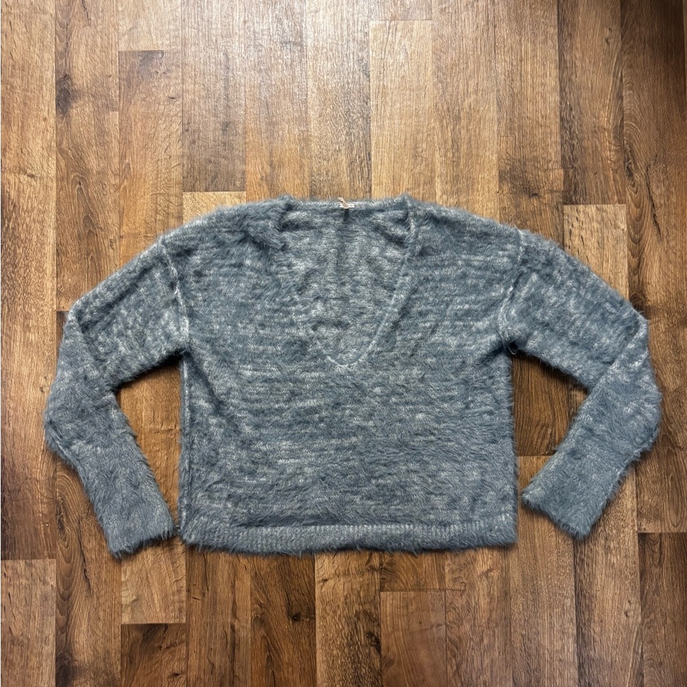 Free People Blue and Gray V-Neck Sweater